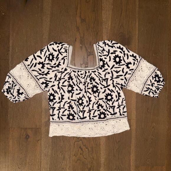 Christian Siriano Boho Linen Cropped Square-Neck Top with Lace Size XS - Picture 2 of 4